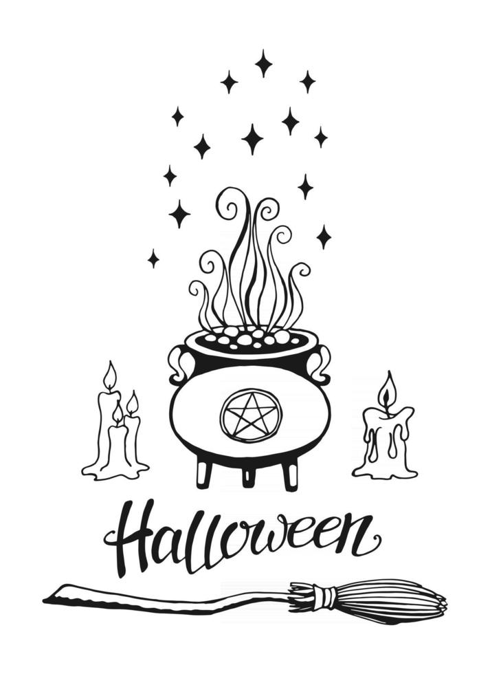 Invitación de fiesta de Halloween o tarjeta de felicitación con caligrafía manuscrita y símbolos tradicionales. herramientas mágicas dibujadas a mano, concepto de brujería. Dibujado herramientas mágicas velas, caldero, escoba vector