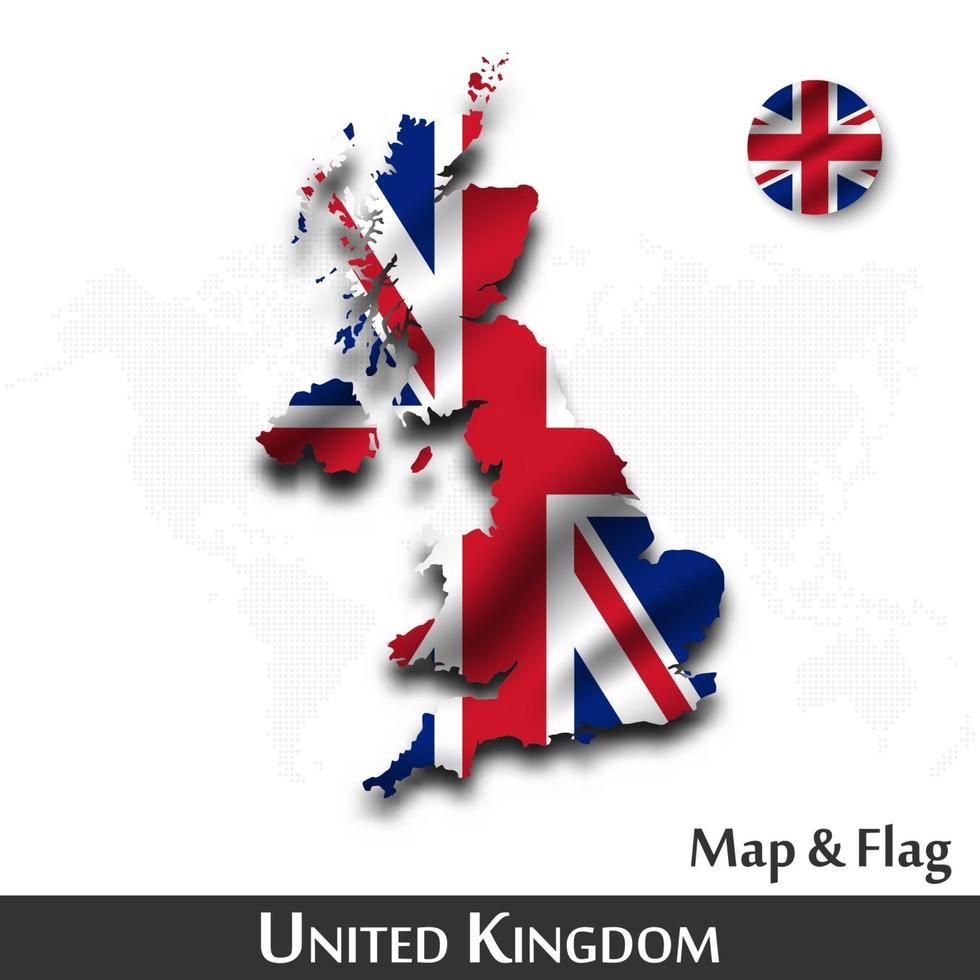 United kingdom of great britain map and flag . Waving textile design . Dot world map background . Vector .