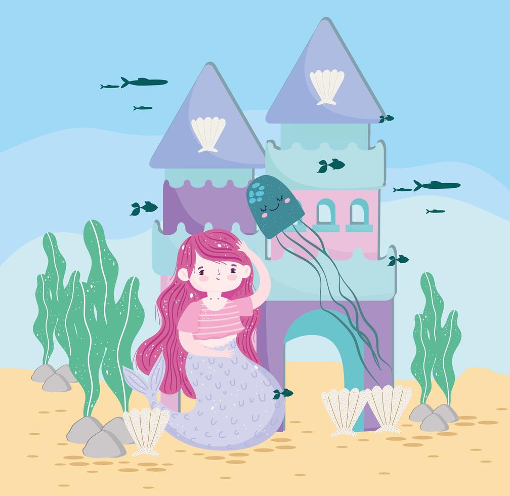 Mermaid with castle jellyfish fishes on the sea vector
