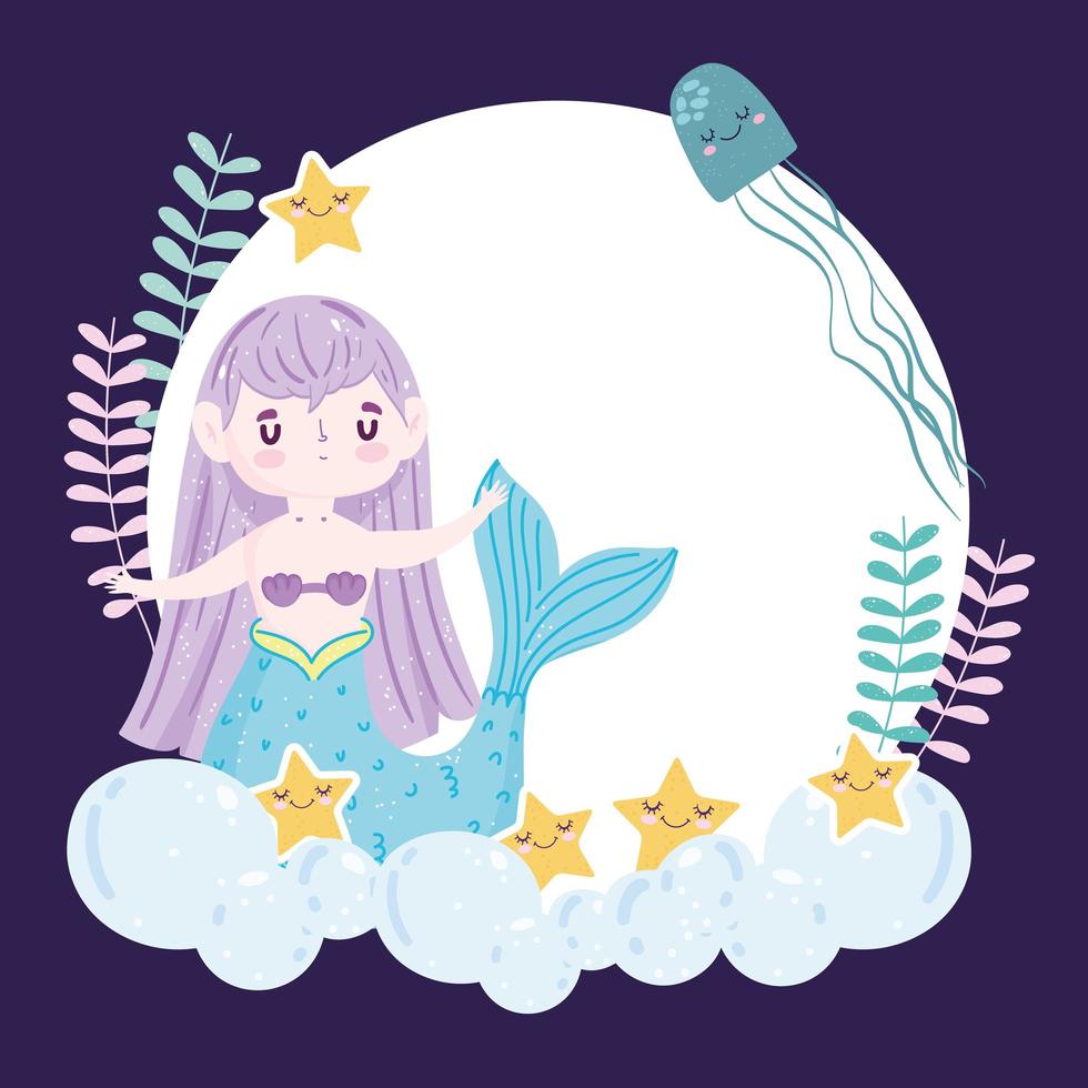 sirena con dibujos animados lindo jellyfih estrellas de mar vector