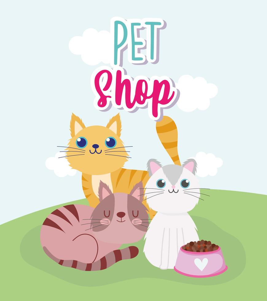 pet shop cute cats and bowl with food cartoon vector