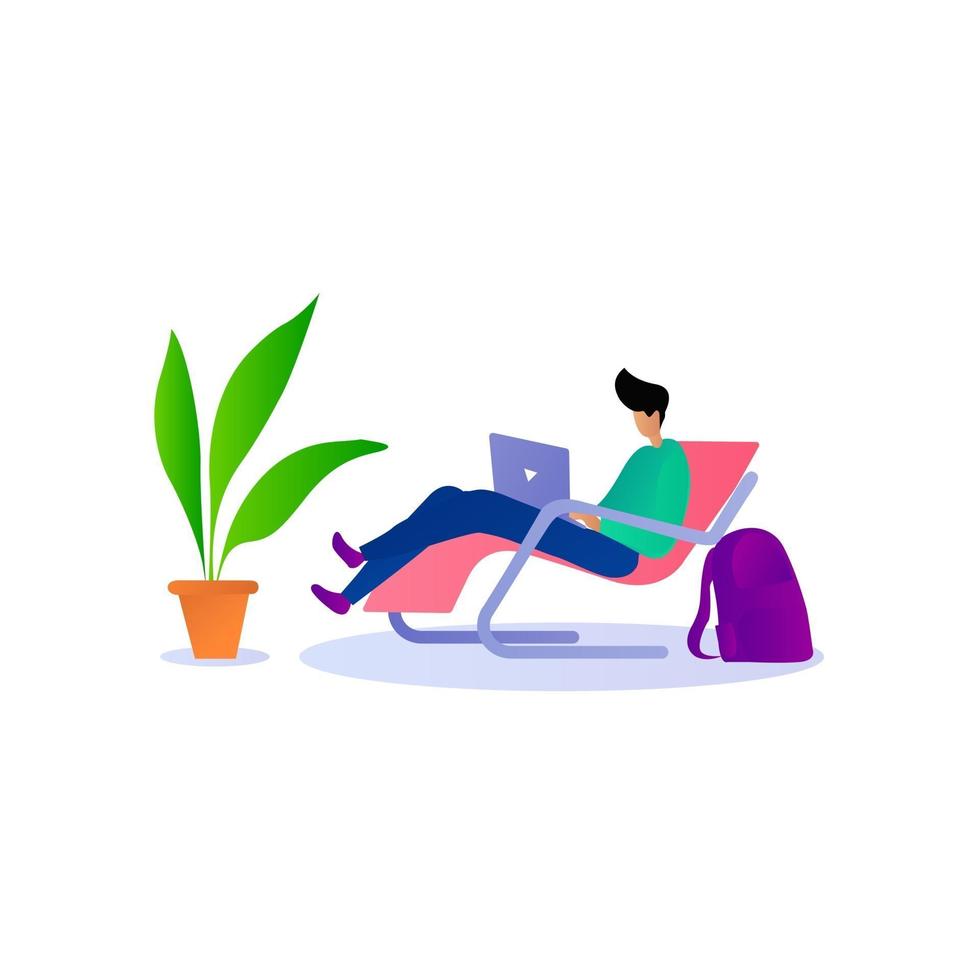 Boy working on computer on relax mood illustration concept vector