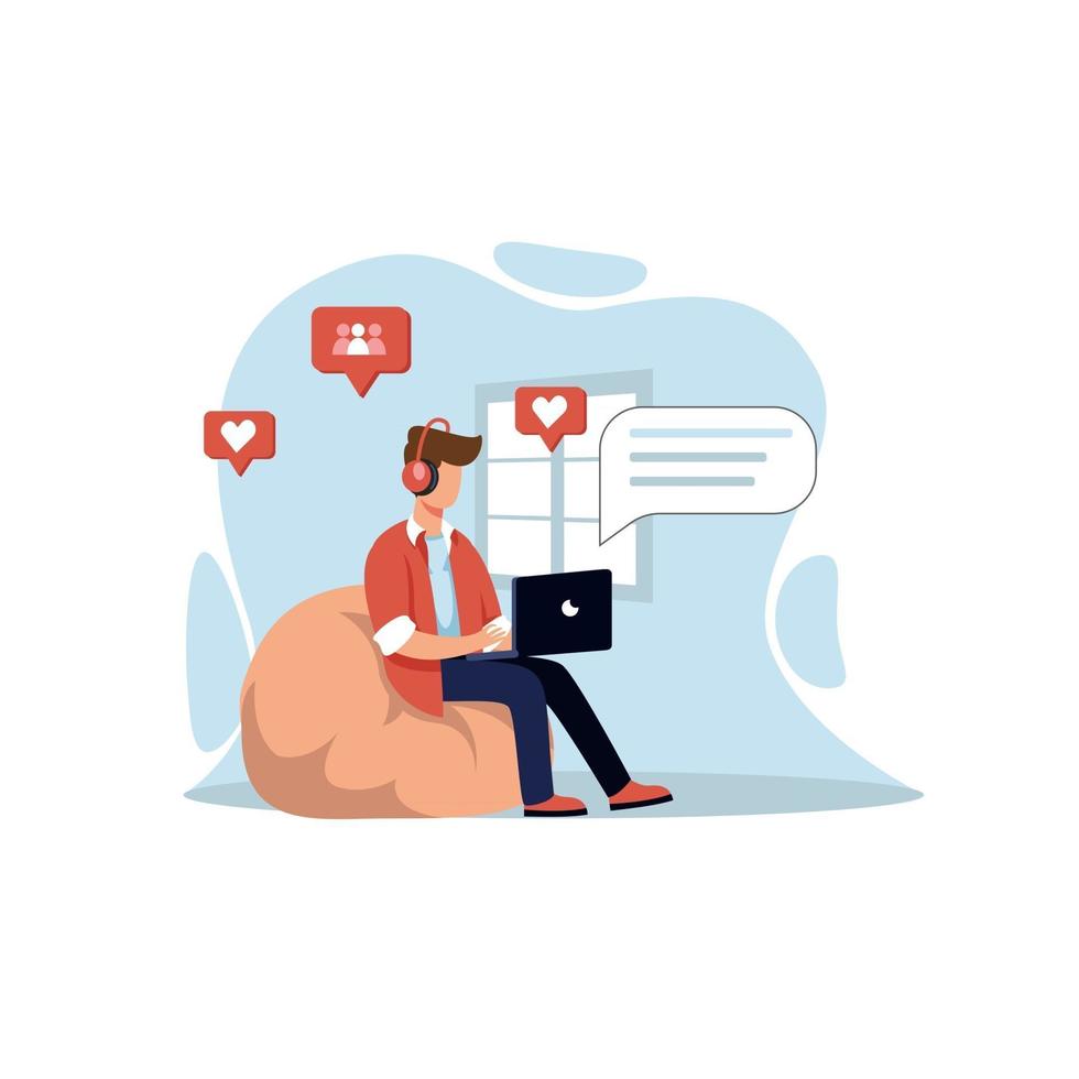 Boy chatting in laptop at home illustration concept vector