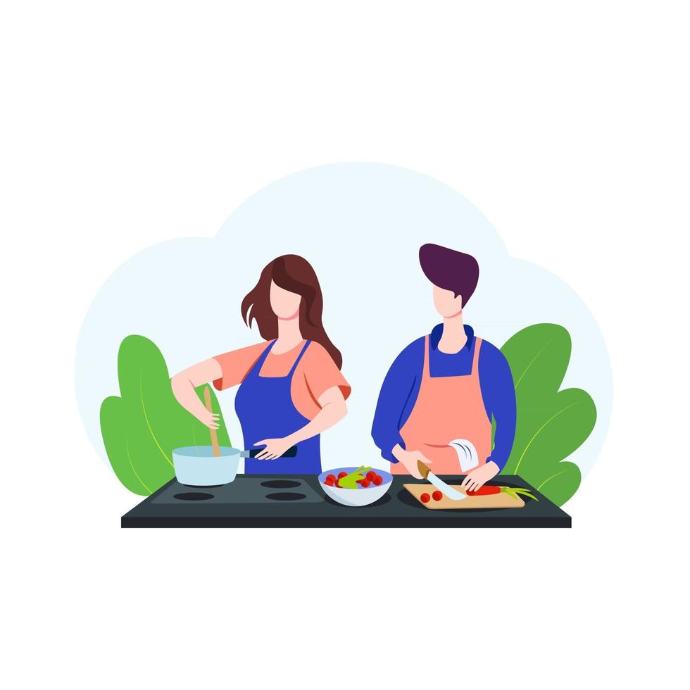 pareja, cocina, ilustración, concepto, vector