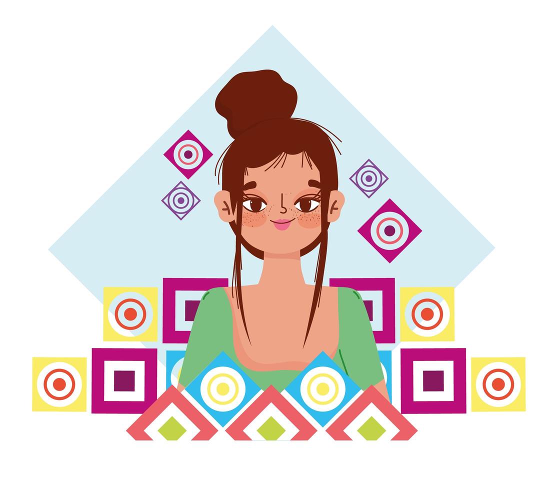 cute woman with bun hair cartoon abstract shapes background vector