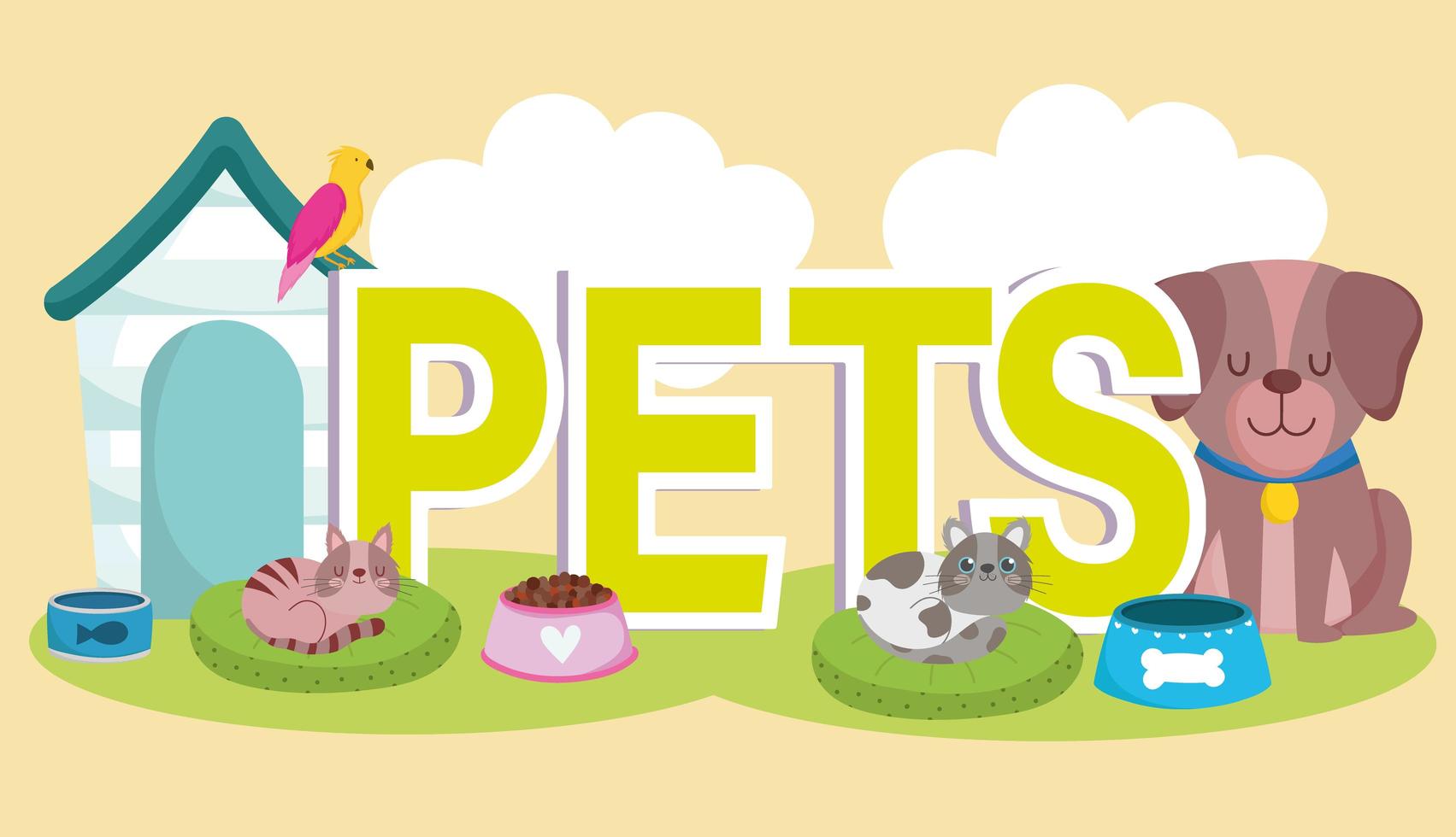 pets with dogs house cat parrot bowls with food cartoon vector