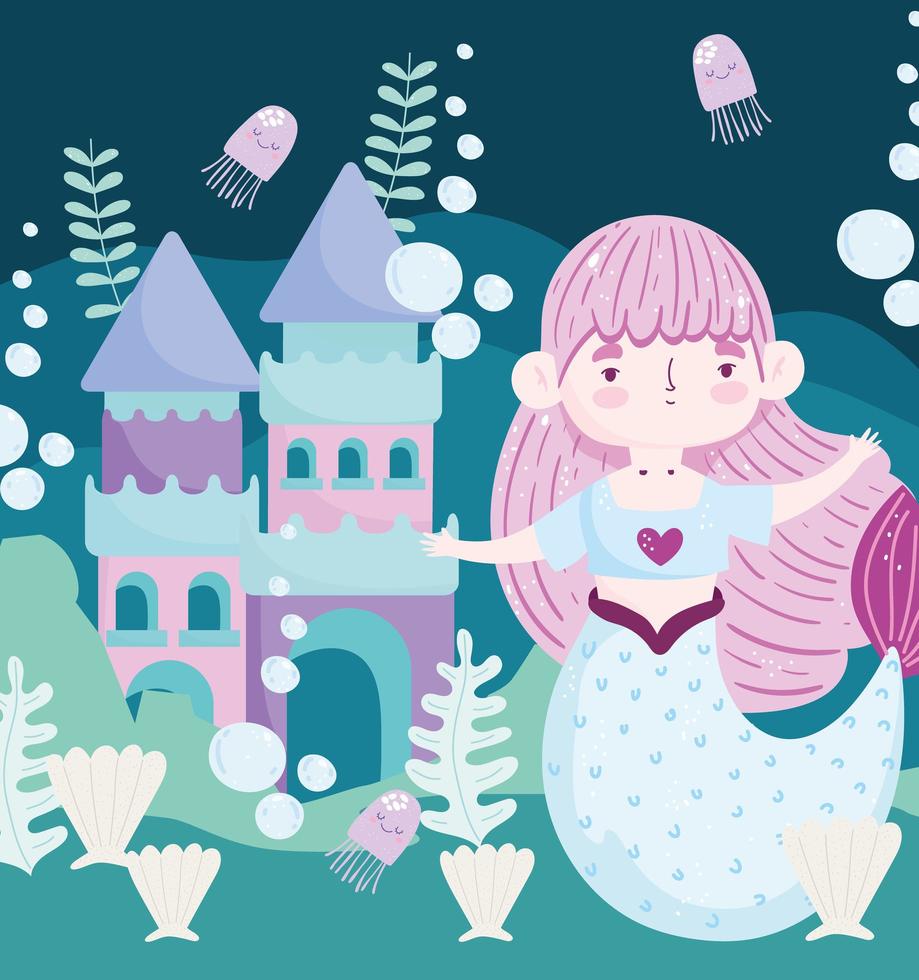 lindo castillo sirena conchas medusas burbujas dibujos animados vector
