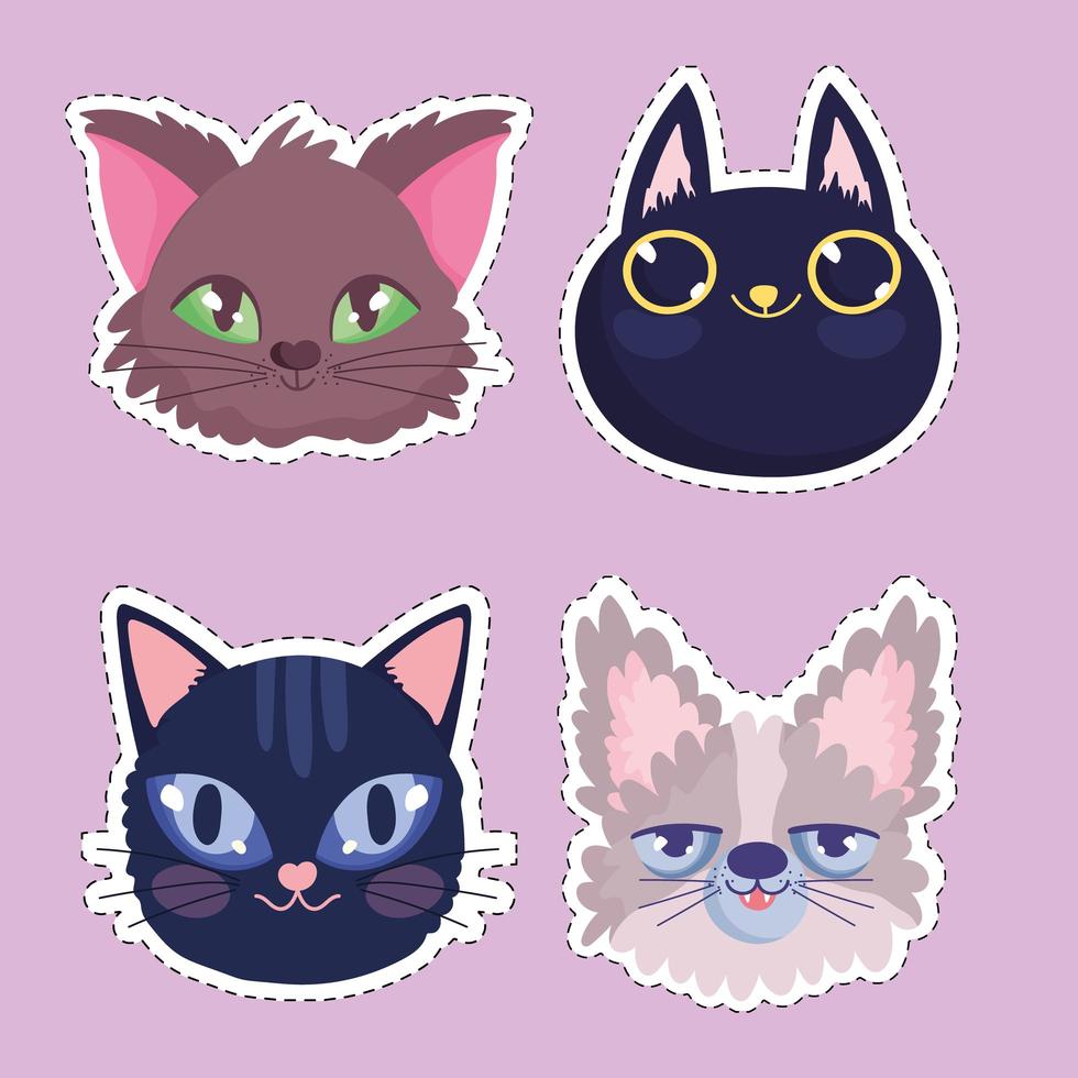 set cats heads cartoon feline animals stickers pets vector