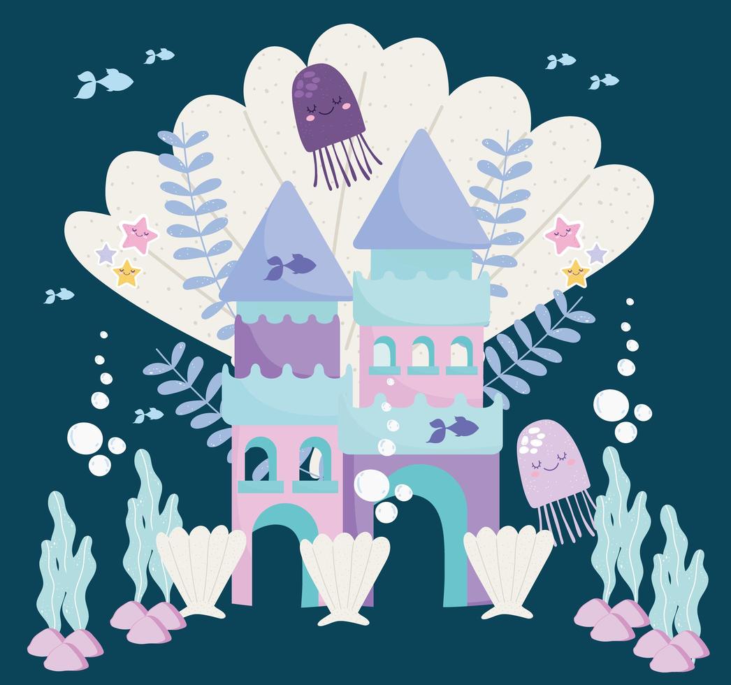 castle fantasy jellyfish seashells algae and fishes vector