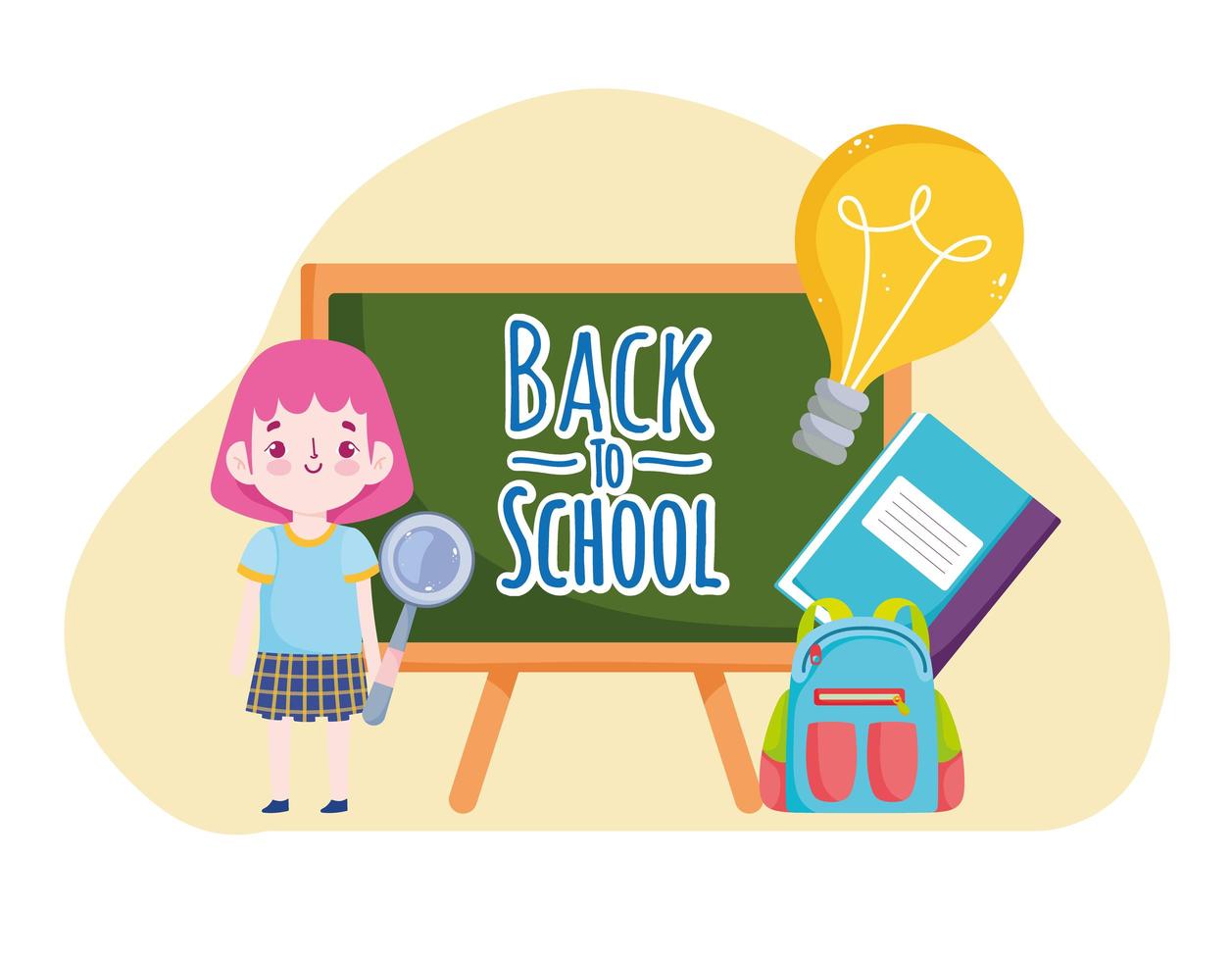 Back to School student girl in uniform with chalkobard backpack and book cartoon vector