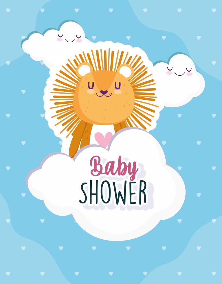 Baby shower, cute lion clouds celebration, welcome newborn card vector