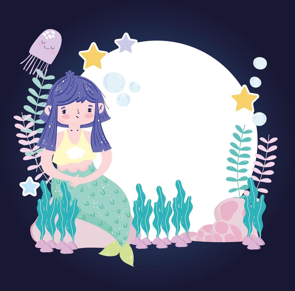 Mermaid with purple hair sitting on starfish jellyfih sea cartoon vector