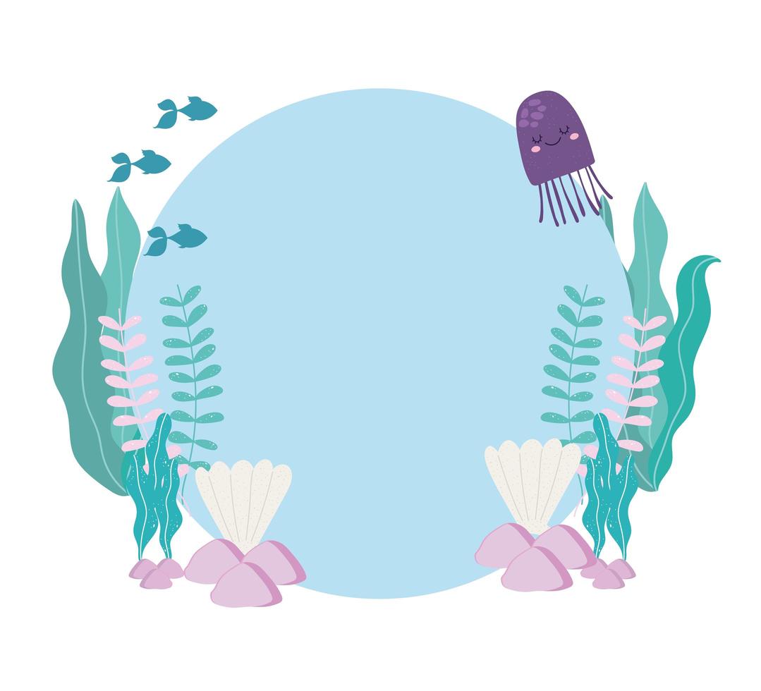 sea fishes jellyfish seashells algaes stones cartoon vector