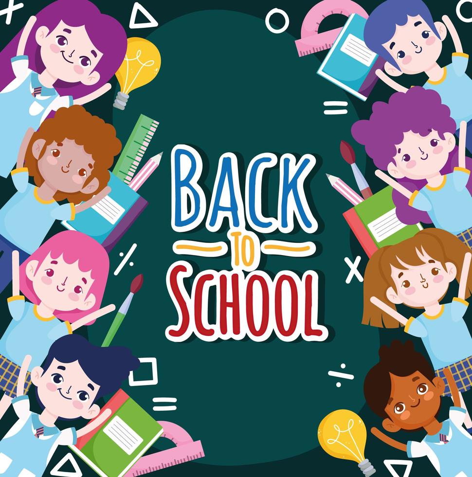 Back to School students cartoon and supplies education vector