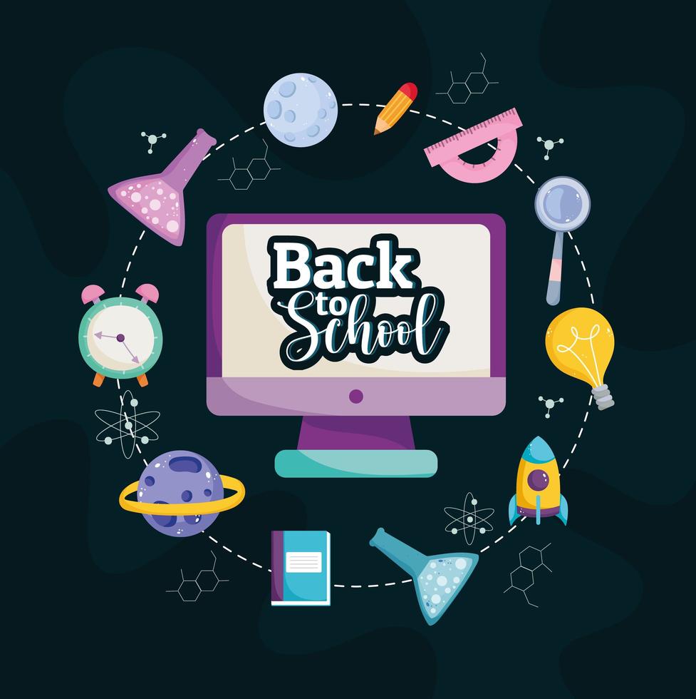 Back to School computer book test tube pencil book supplies cartoon vector