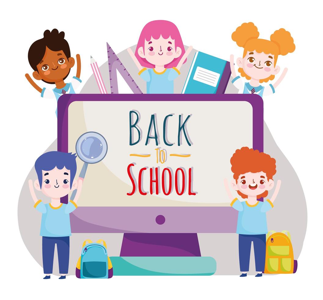 Back to School online class students character with computer vector