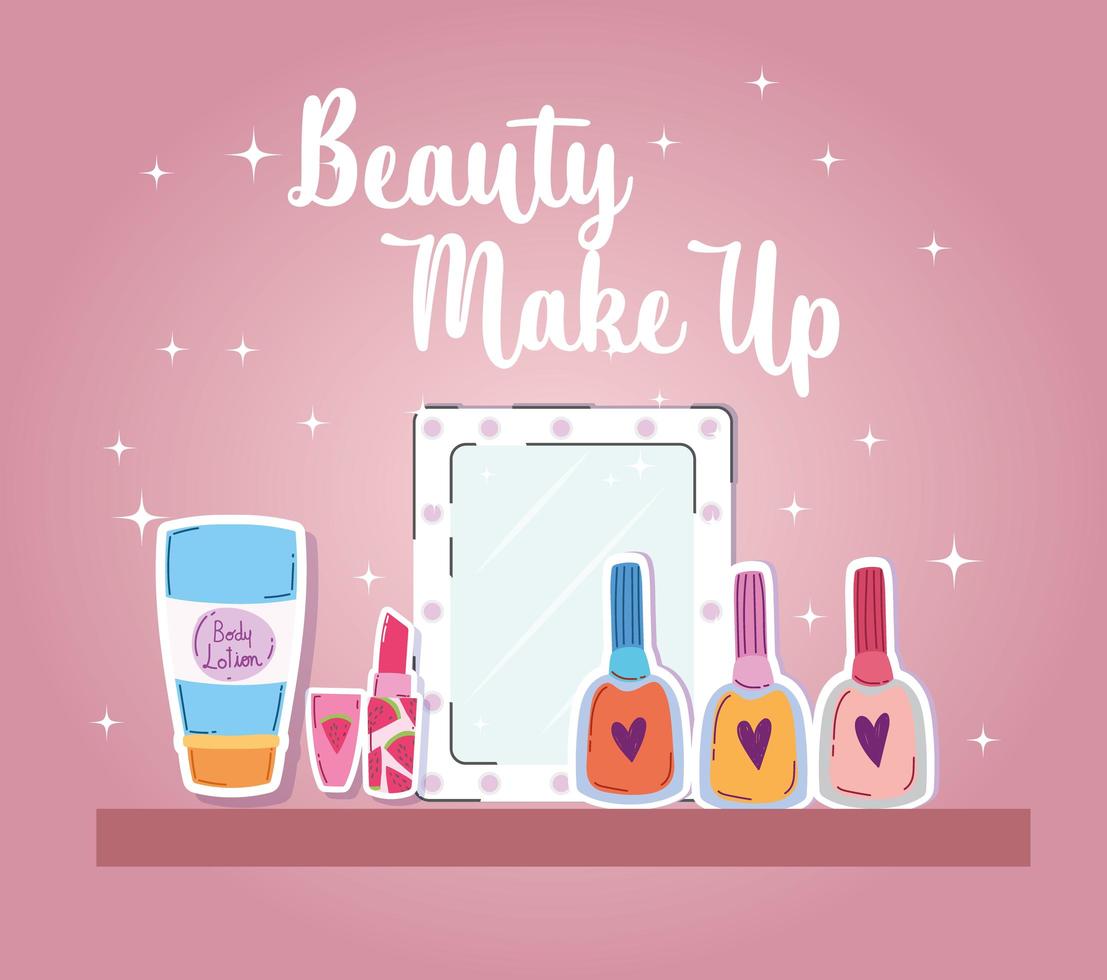 beauty makeup nail polish lipstick mirror and body lotion vector
