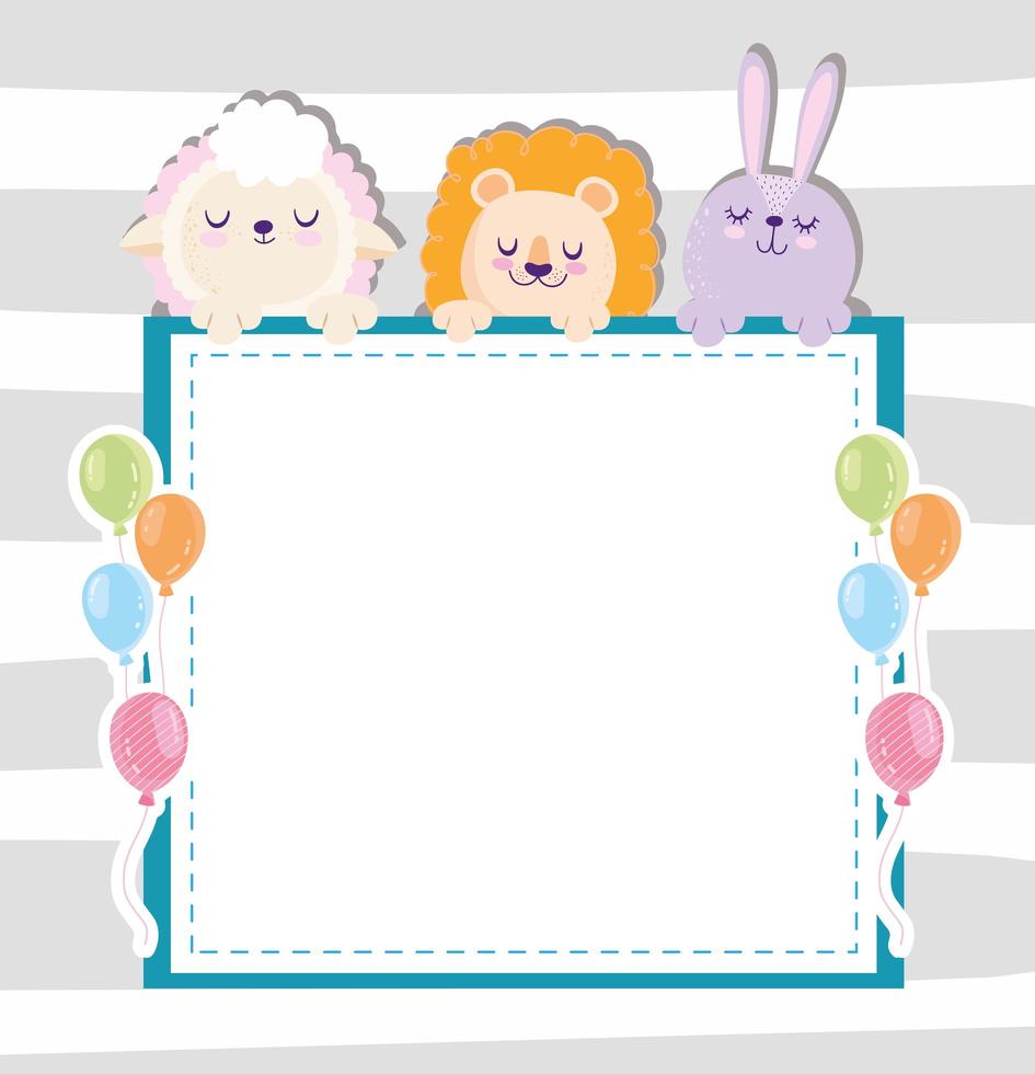 Baby shower sheep lion and rabbit with balloons and banner vector