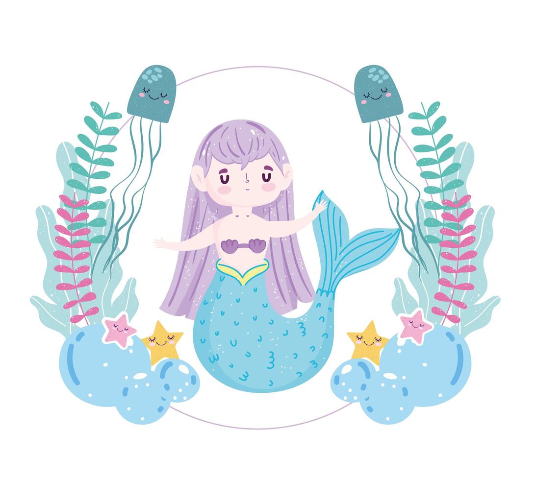 Cute Cartoon Mermaid jellyfish starsfish and algae vector