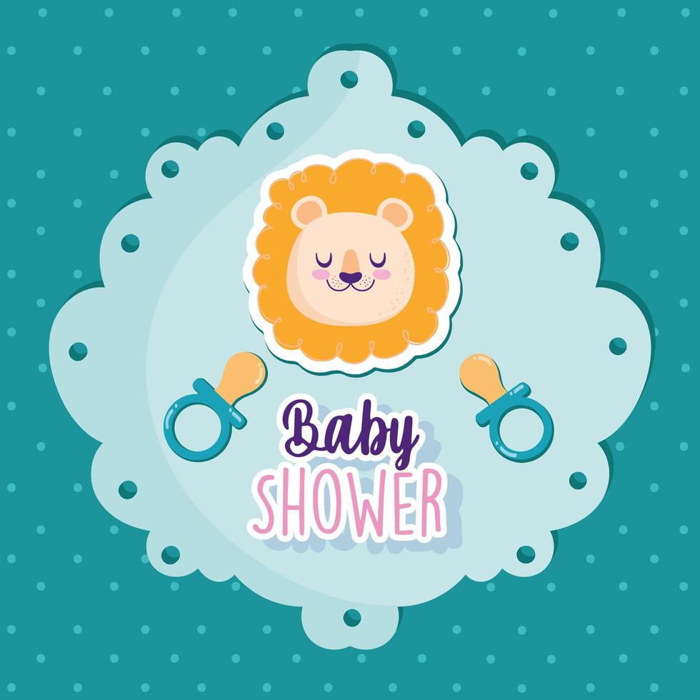 Baby shower cute lion with pacifier greeting card vector