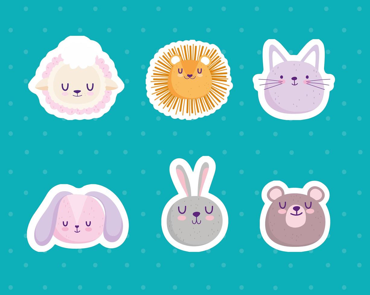 set cute faces lion rabbit bear sheep cat cartoon stickers vector