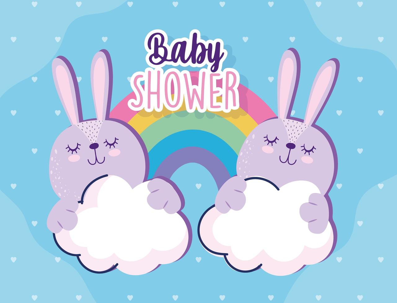 Baby shower cute bunnies rainbow and clouds celebration vector