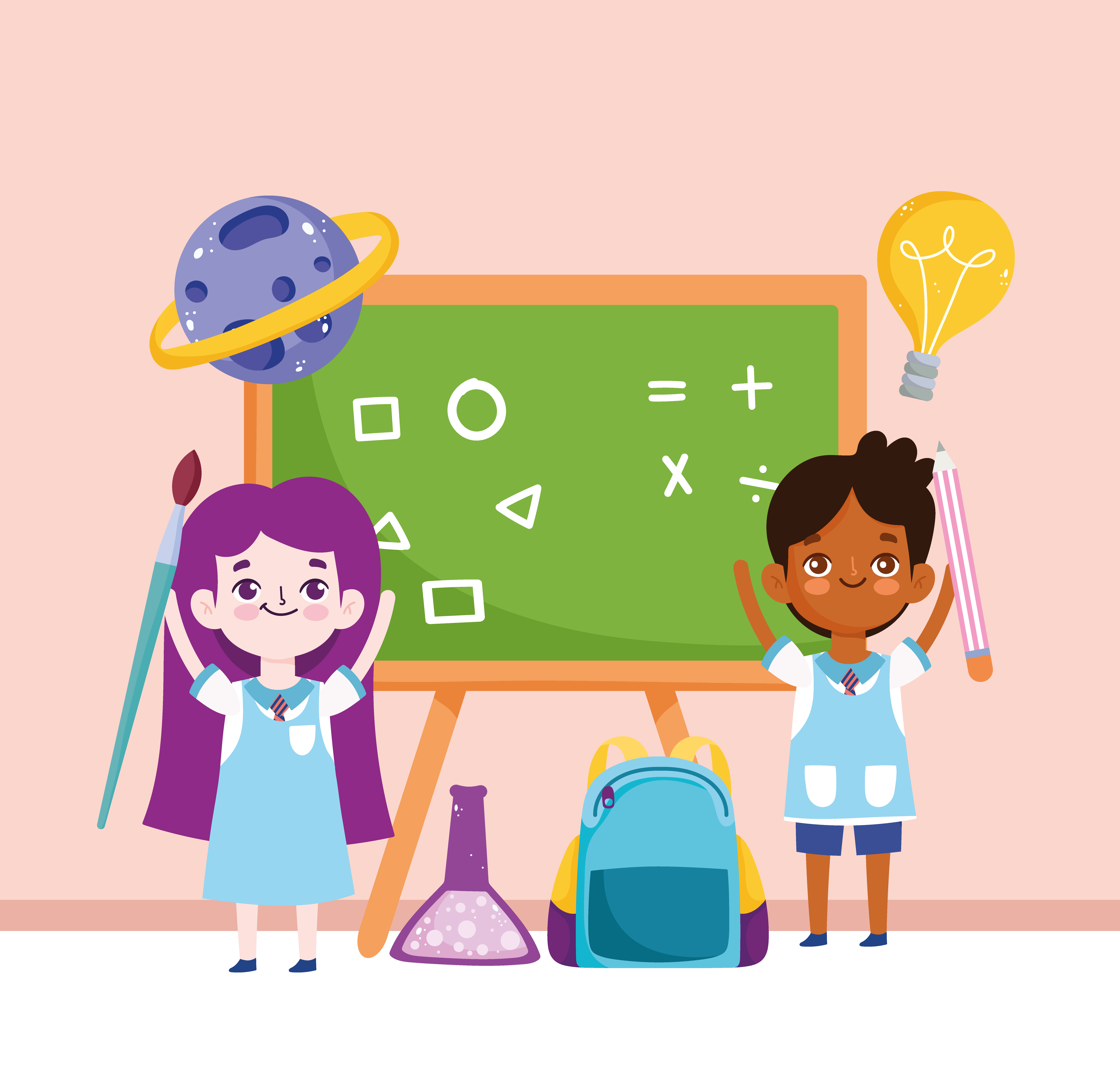 School Cute Girl Boy Students Cartoon With Blackboard Bag Classroom Vector Art At Vecteezy