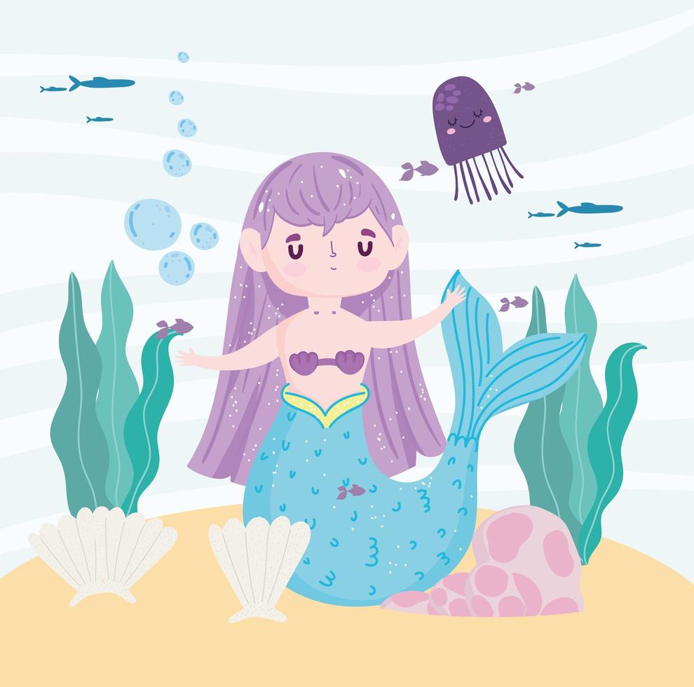 Cute Mermaid and marine life cartoon vector