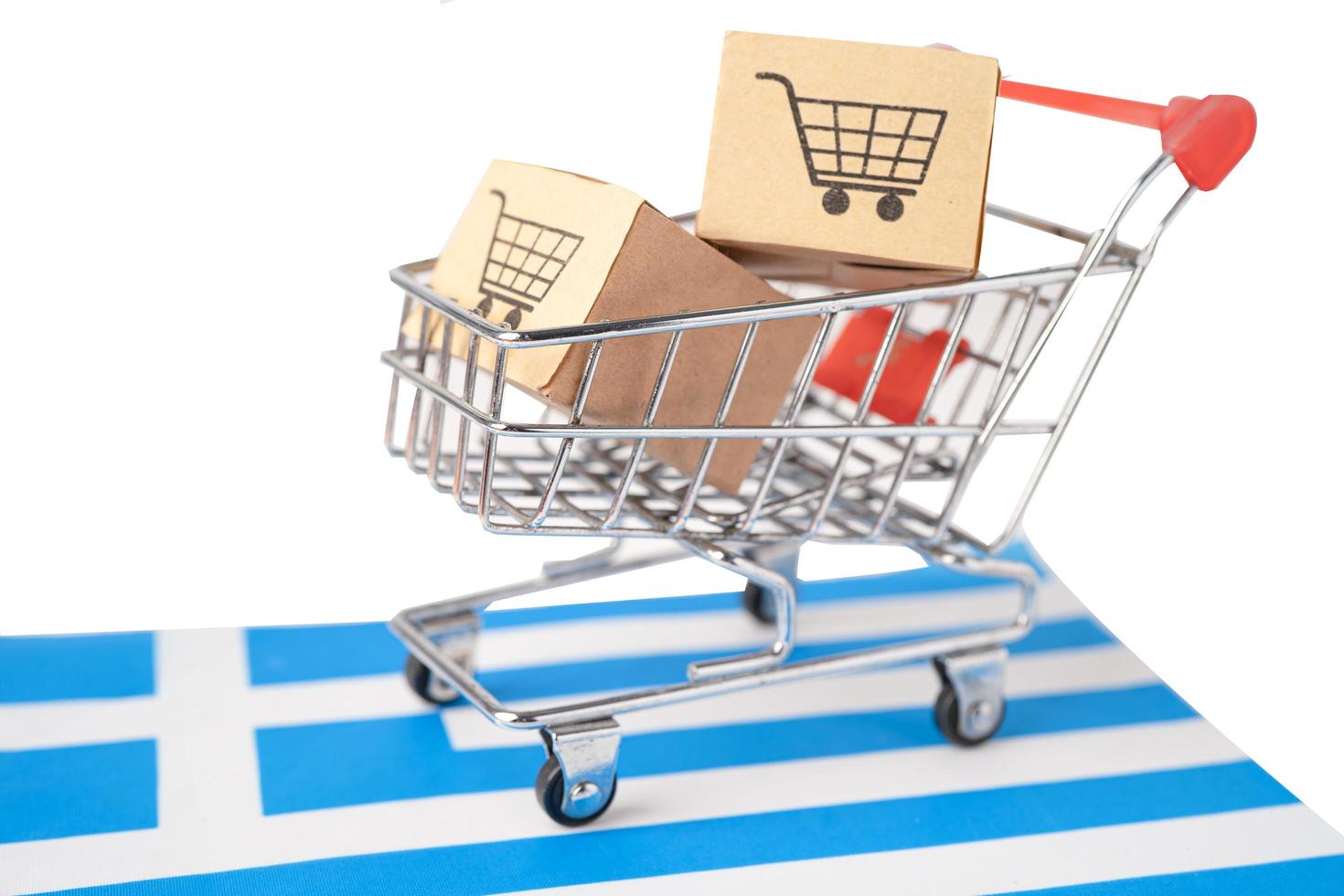 Box with shopping cart logo and Greece flag, Import Export Shopping online or eCommerce finance delivery service store product shipping, trade, supplier concept. flag, Import Export Shopping online or eCommerce finance delivery service store product shipp photo