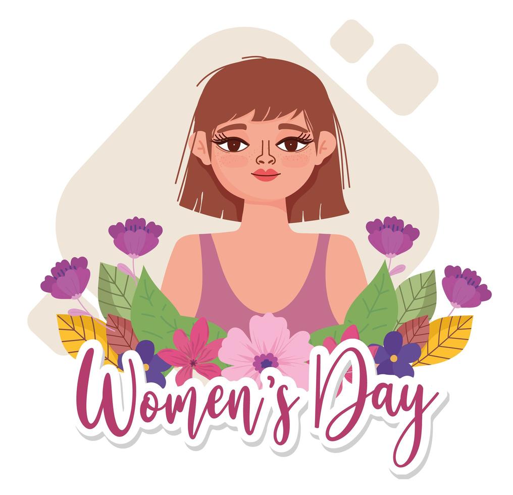 día de la mujer retrato de dibujos animados mujer joven con tarjeta de  flores 2760625 Vector en Vecteezy