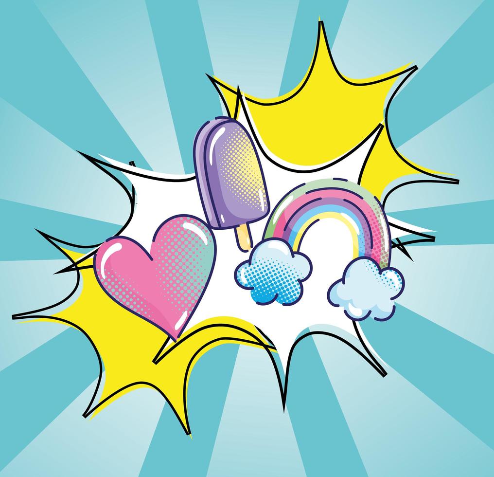 pop art halftone heart rainbow ice cream explosion comic sunburst background vector