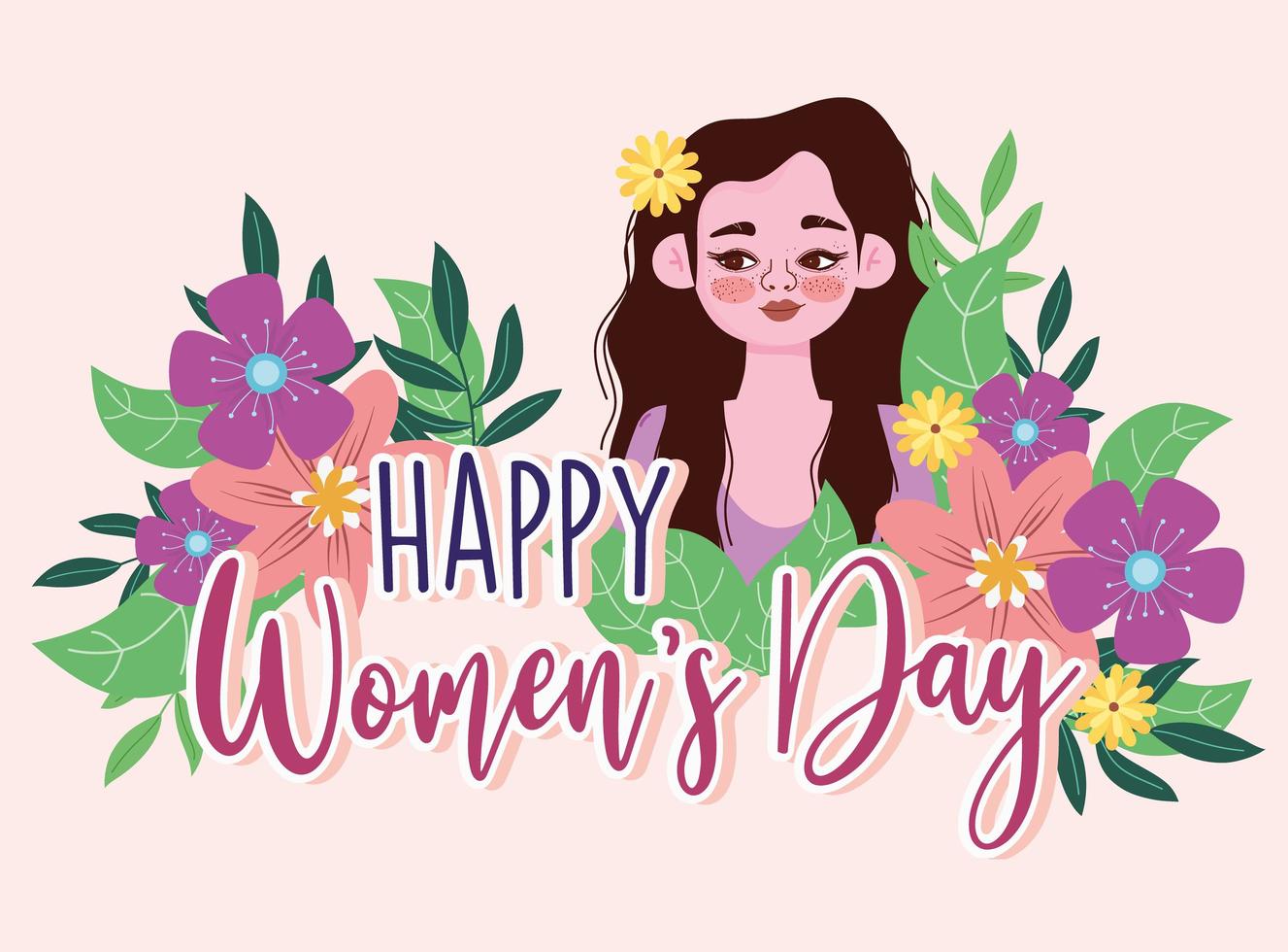 día de la mujer retrato mujer de dibujos animados con tarjeta de flores  2760632 Vector en Vecteezy