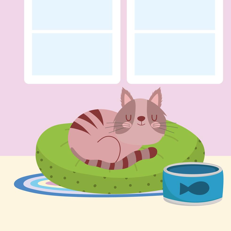 Lindo gato descansando en un cojín con conservas de pescado vector