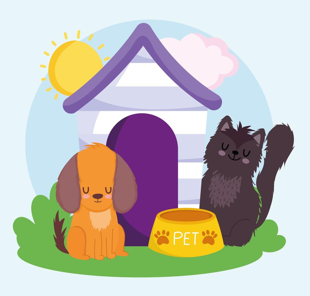 cute dog and cat with wooden house food pets vector