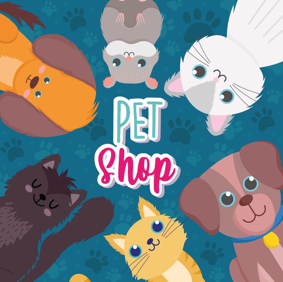 tienda de mascotas, pequeños perros gatos dibujos animados de hámster vector