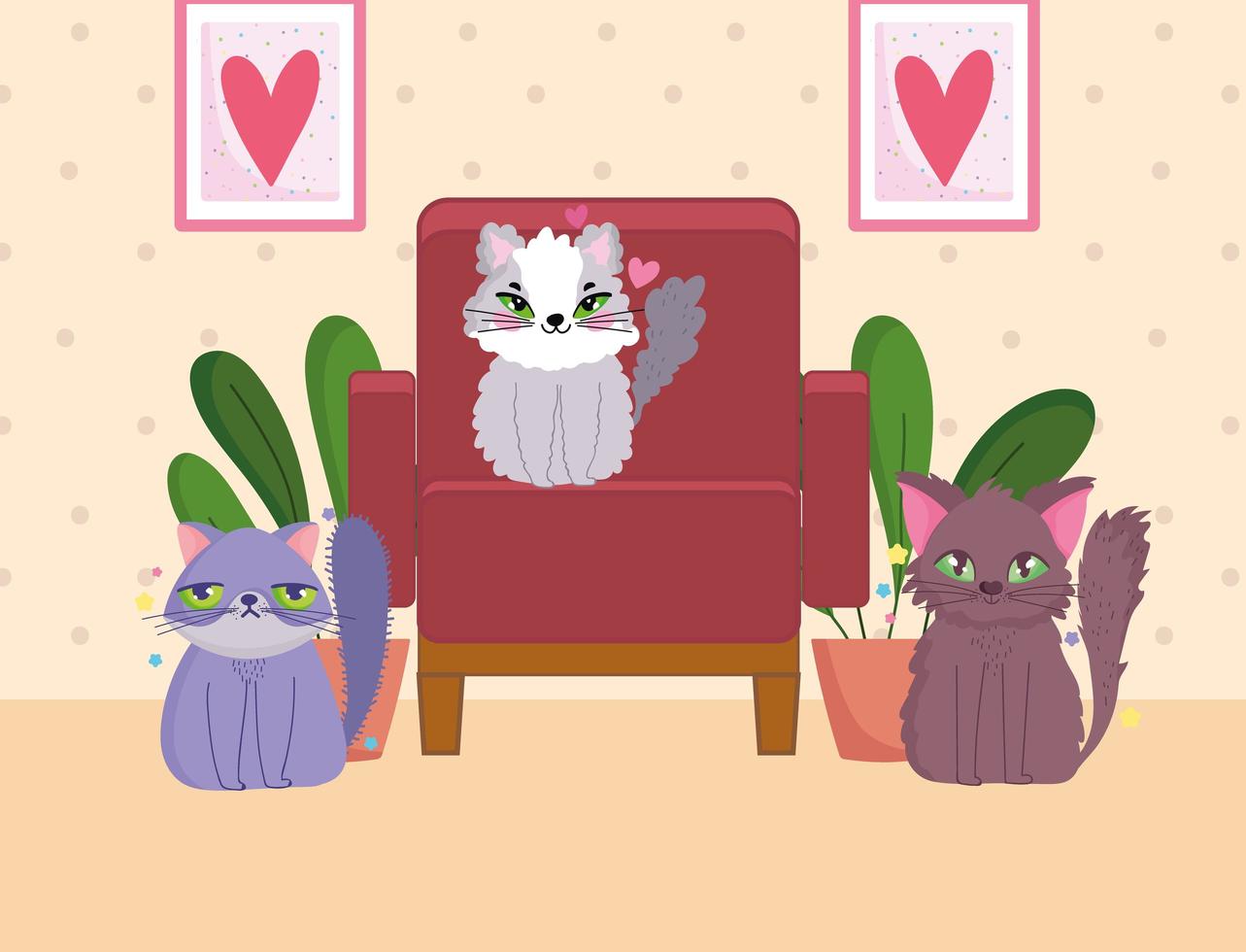 cartoon cats with chair potted plants in the room vector