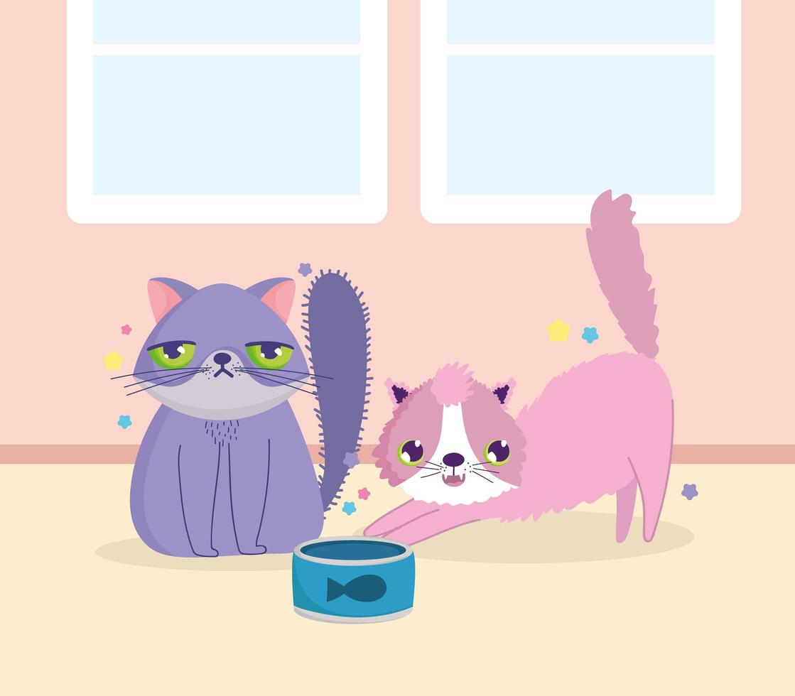 gatos graciosos con plato de comida en la habitación de dibujos animados vector