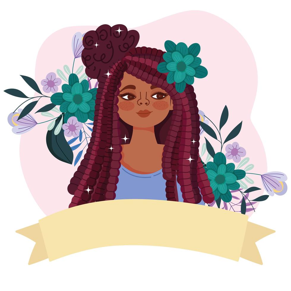 cute afro american girl with hair rasta and flowers vector