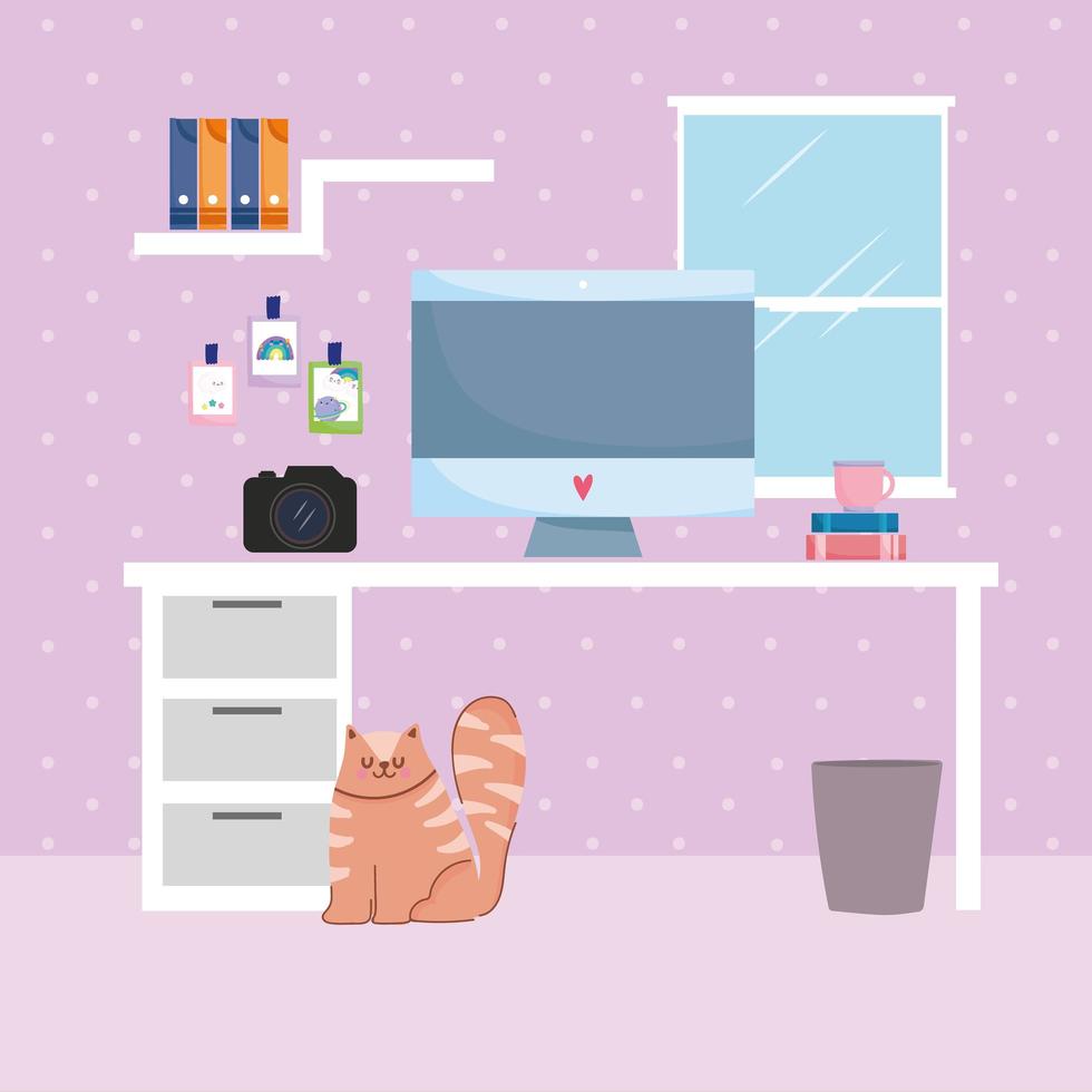 home office interior desk computer camera shelf with binder and cat vector