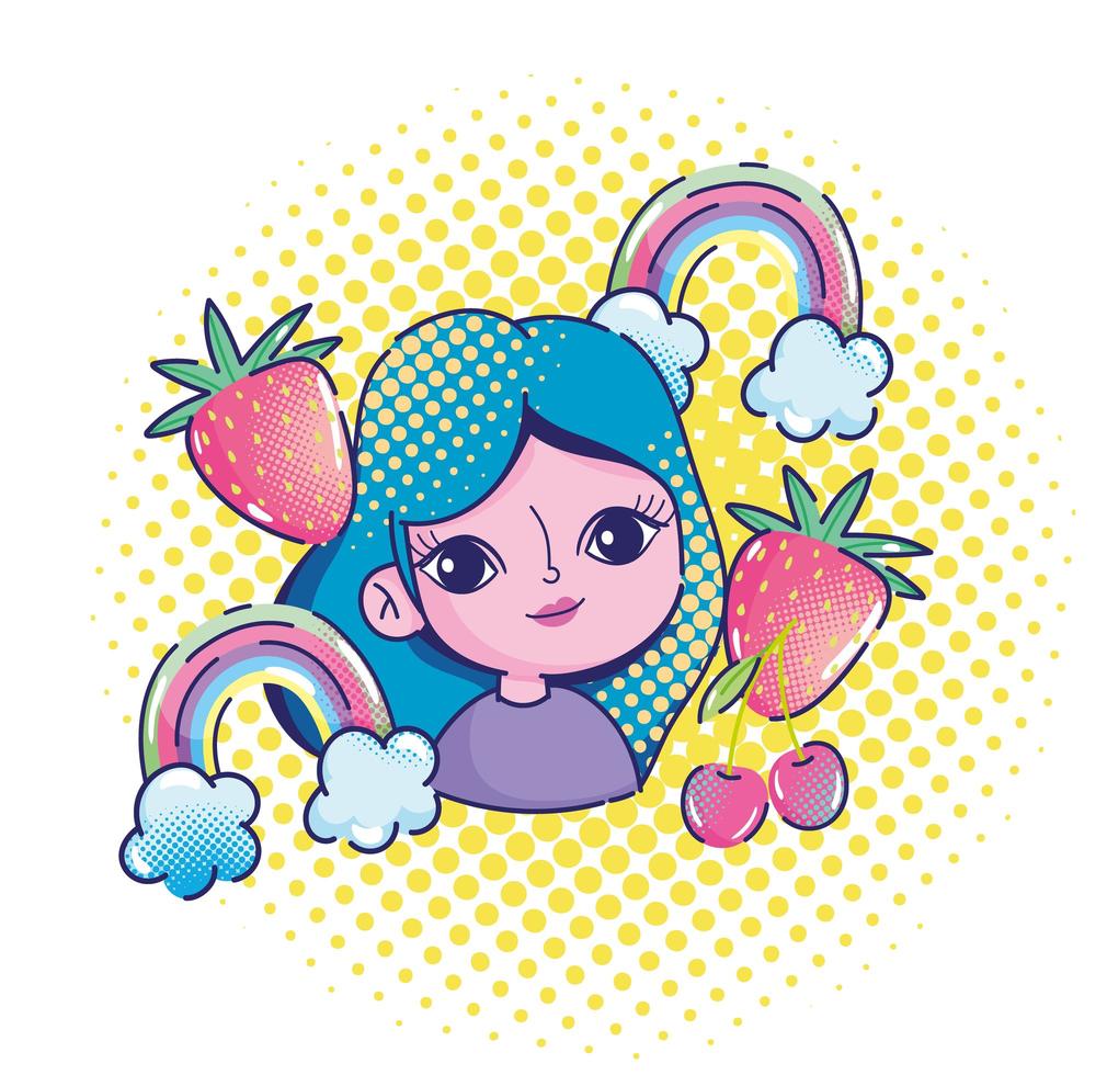arte pop linda chica cabello azul arco iris fresas y cereza dibujos animados vector