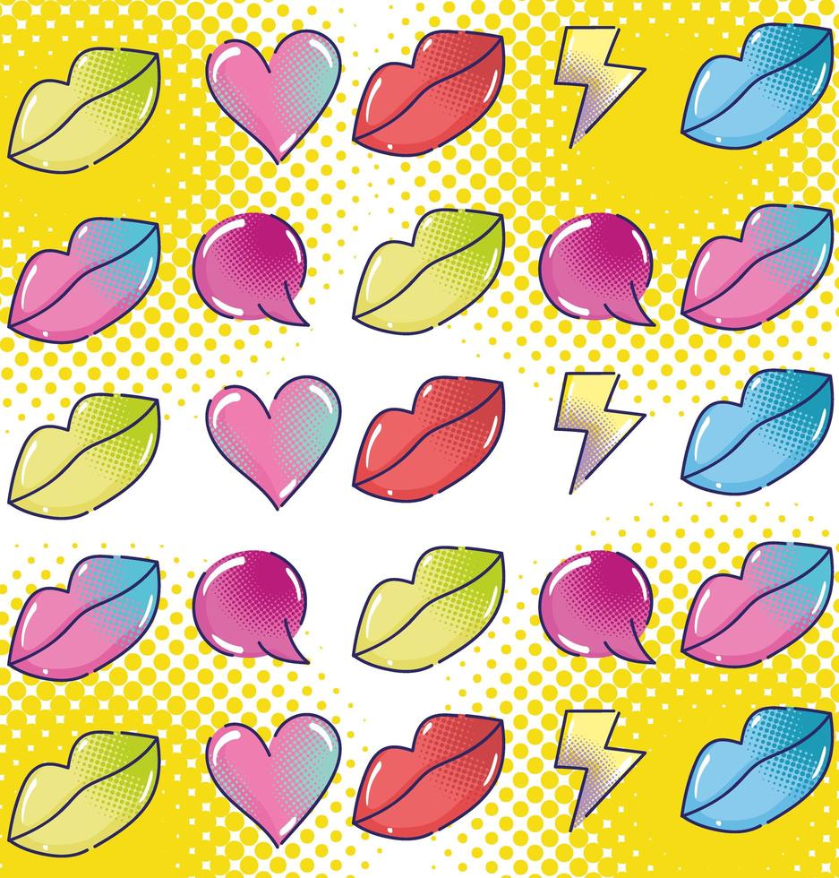 pop art halftone style female lips speech bubbles and rays background vector