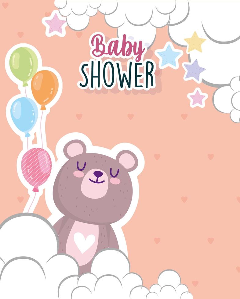baby shower osito con globos estrellas y tarjeta de nubes vector