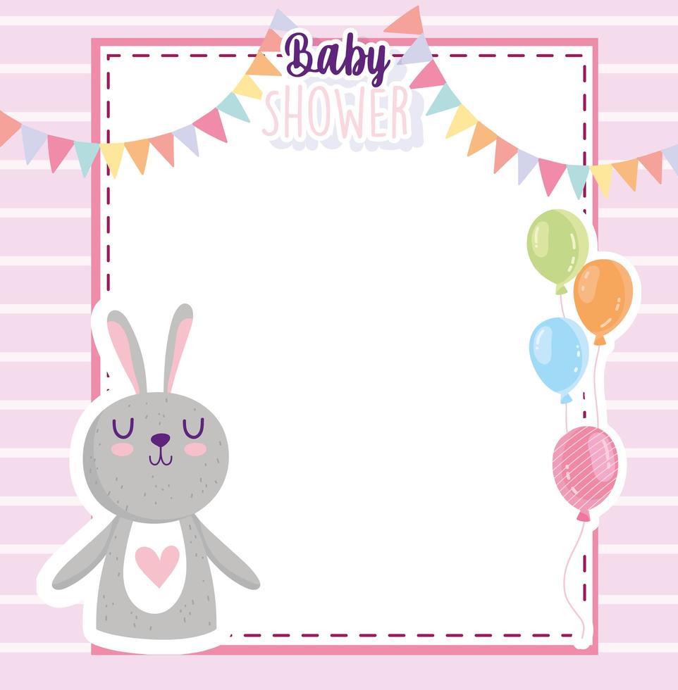 Tarjeta de invitación de baby shower decoración de globos y banderines de conejo vector