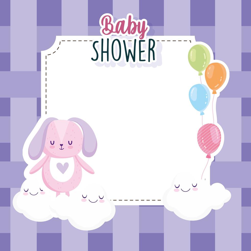 baby shower, conejito con nubes de globos y tarjeta de fondo a cuadros vector