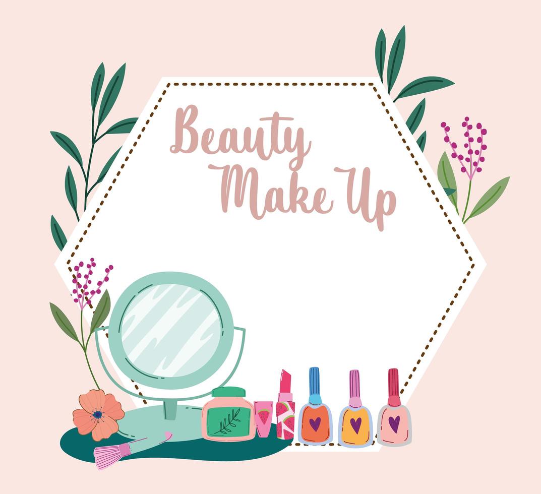 beauty makeup mirror brush nail polish and lipstick vector