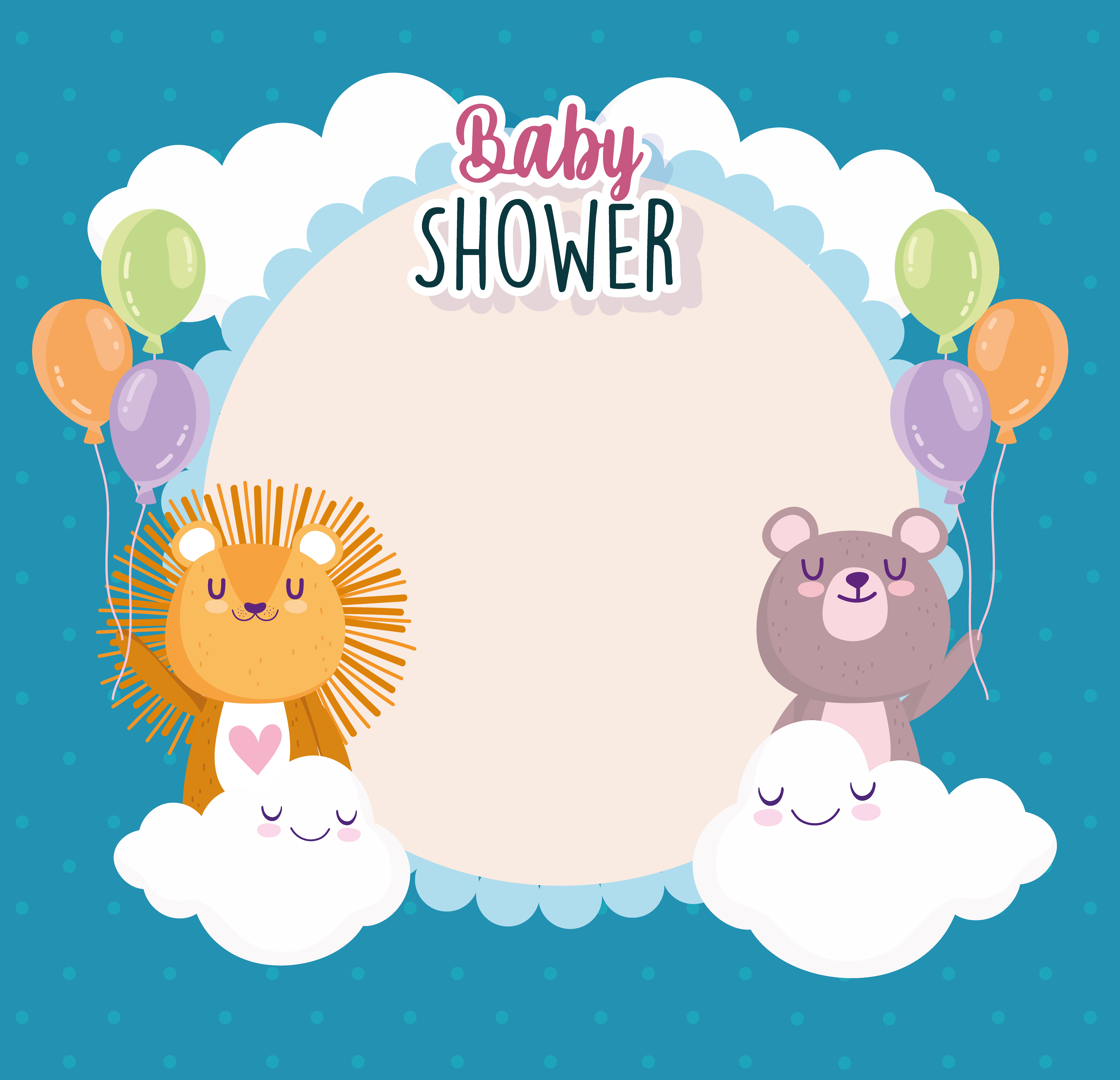 Download Baby Shower Cute Lion And Bear With Balloons Clouds Celebration Card 2760808 Vector Art At Vecteezy