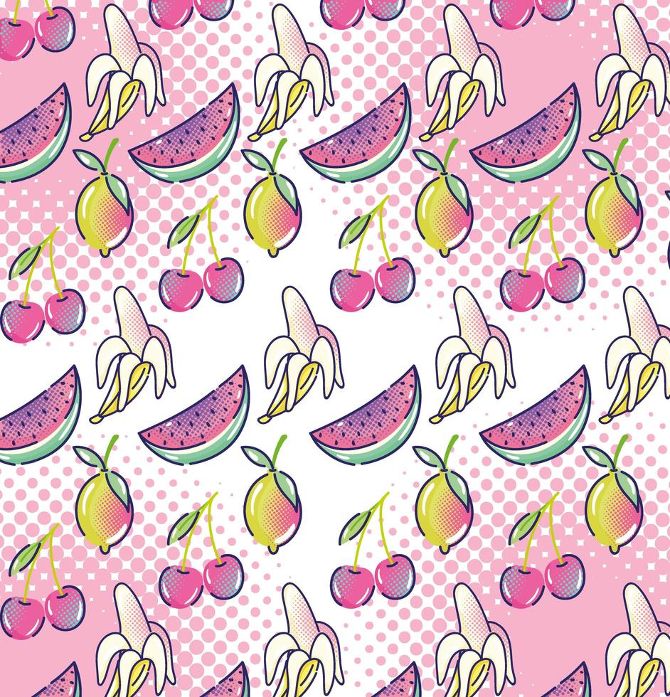 pop art watermelon mango cherries fruits halftone style background vector