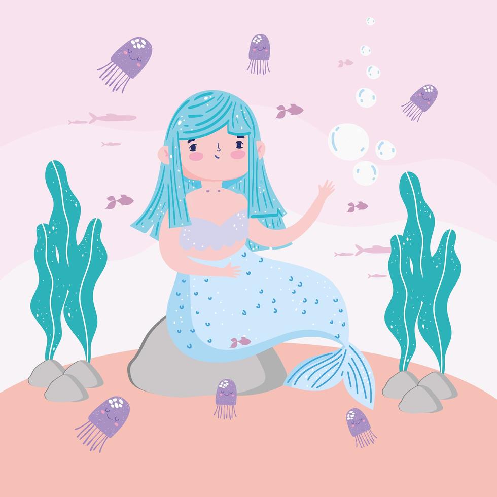 Mermaid sitting on rock with jellyfishes cartoon vector