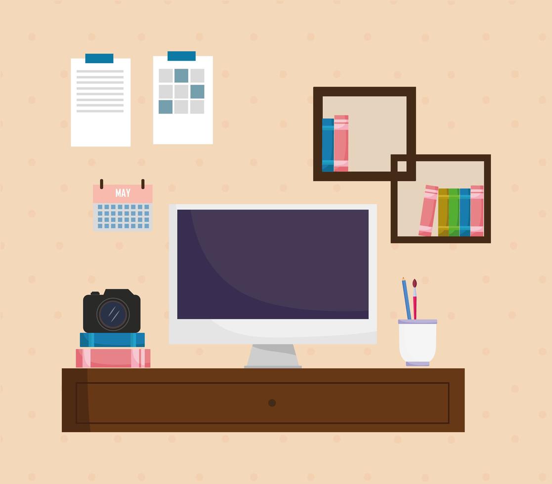 home office interior monitor computer books camera and calendar vector