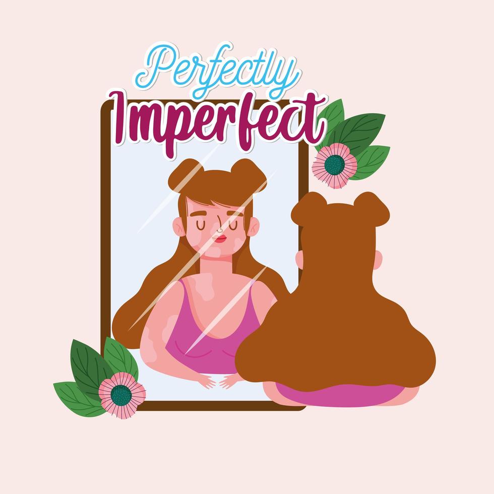 Perfectly imperfect girl with vitiligo looks in the mirror vector